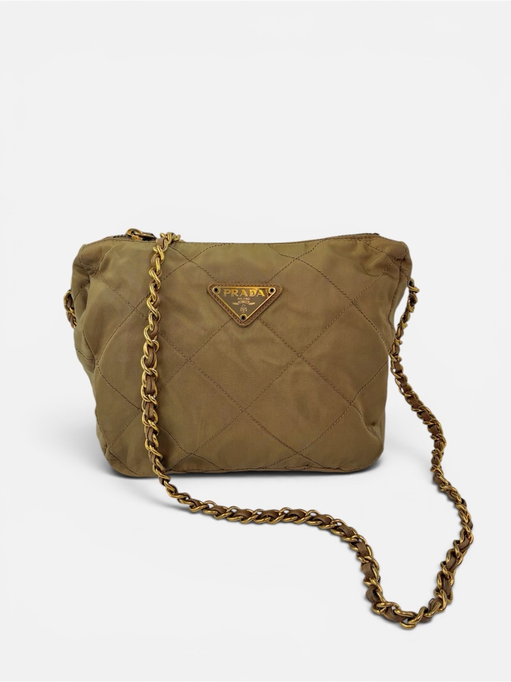 Prada Quilted Olive Crossbody Bag with Gold Chain
